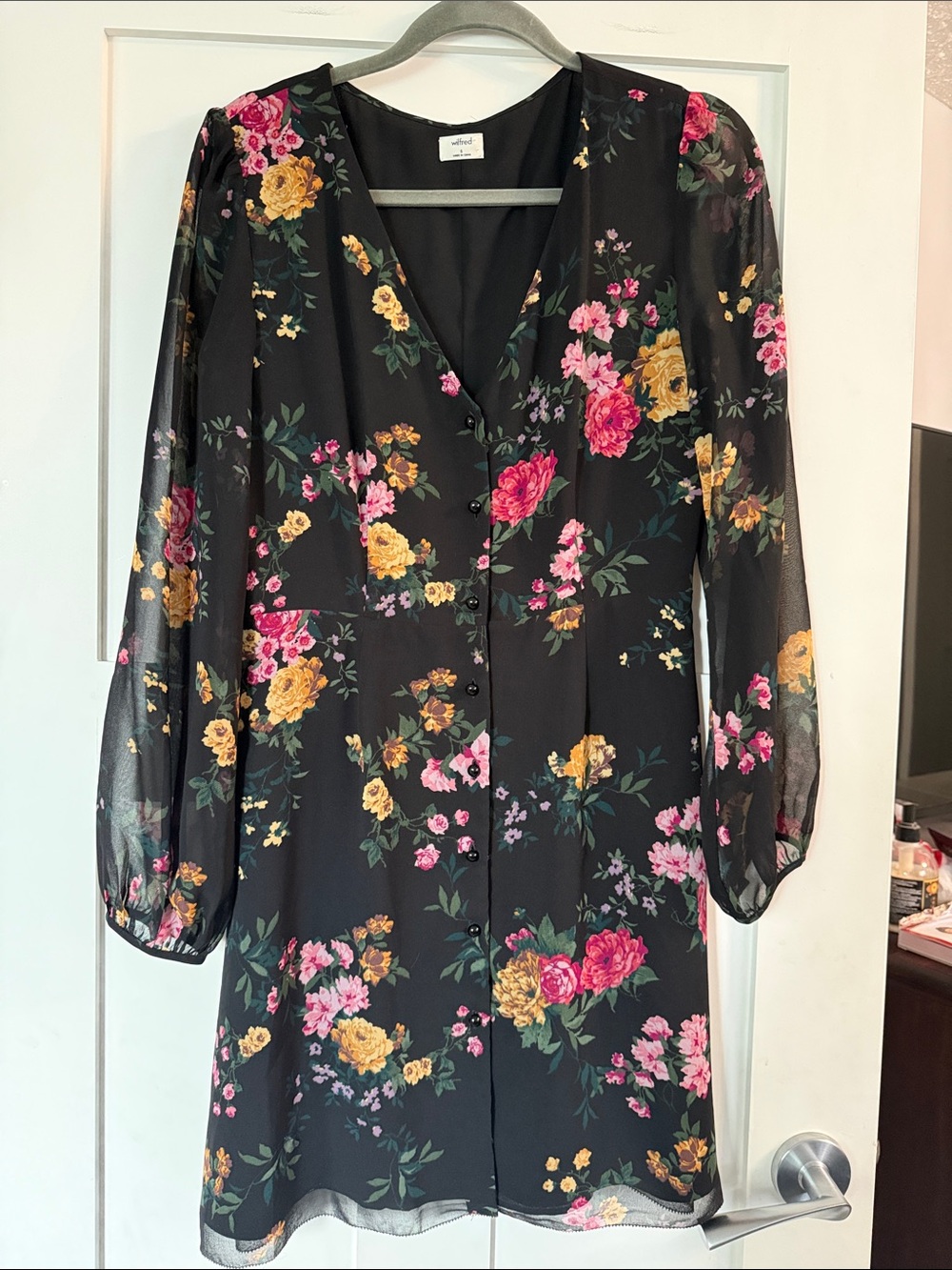 Wilfred Black Floral Button-Front Long Sleeve Dress with Pink & Yellow Blooms